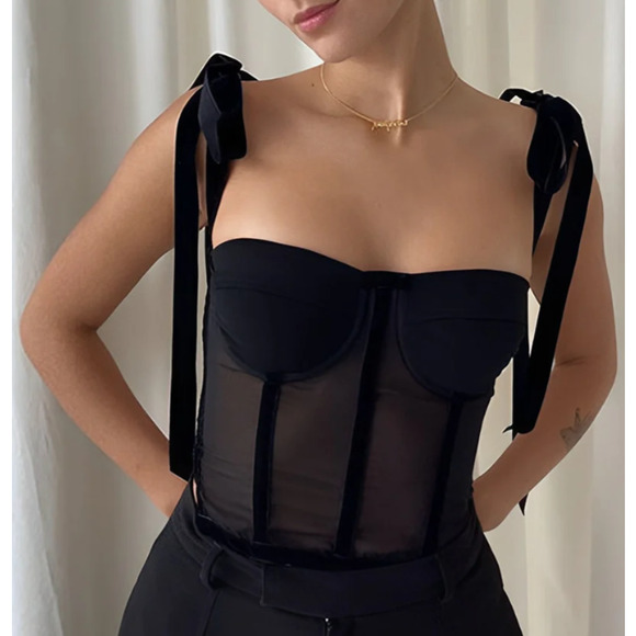 NWT Commense Tied Mesh Corset Crop Top XS Bow Tie Straps Sheer - Picture 1 of 7
